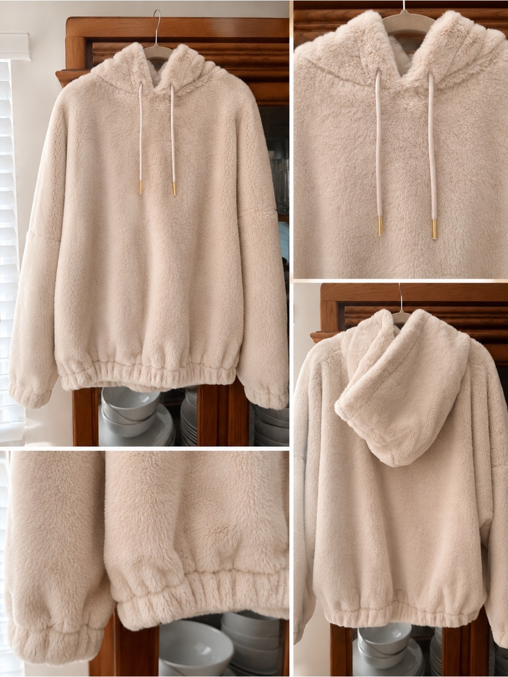 Express Plush Hooded Pullover Jacket in Cream
